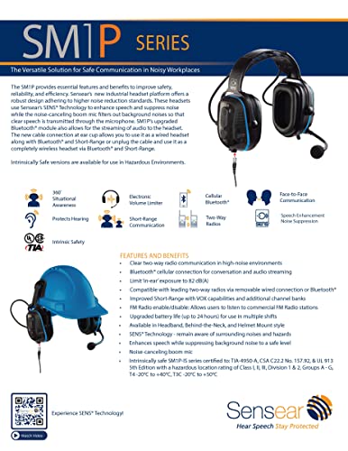 SENSEAR SM1P Smart Wireless Industrial Communication Headset, Behind-the-Neck, 24dB NRR, Noise Cancelling Ear Protection, 82dB Vol. Limiter, Manufacturing, Oil&Gas, Mining, Food Processing, Datacenter