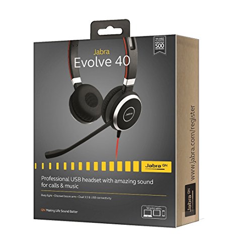 Jabra Evolve 40 UC Stereo Wired Headset / Music Headphones (U.S. Retail Packaging) (Renewed)