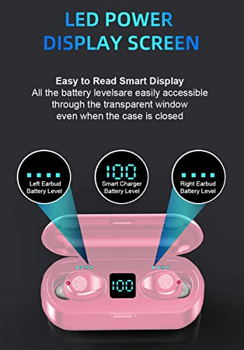 Acuvar Fully Wireless Bluetooth 5.0 Rechargeable IPX7 Waterproof Earbud Headphones w Microphone, 2000mAh USB Smart Dual Charging Case/Stand Surround Stereo Bass and Passive Noise Cancelling (Pink)