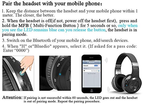 Bluedio V5.0 Bluetooth Headphones Over Ear, Wireless Bluetooth On-Ear Stereo Earphones Noise Cancelling, Soft Memory-Protein Earmuffs, w/Mic (Black)