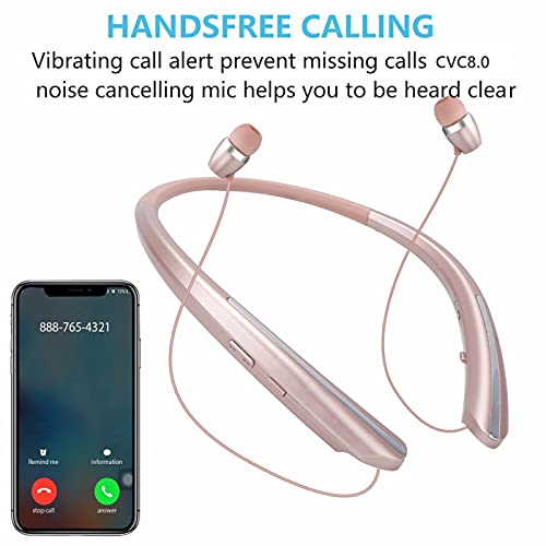 Bluetooth Headphones, Wireless Neckband Headset Retractable with Sweatproof Stereo Earbuds Call Vibrate Alert Earphones with Mic by NVOPERANG (Rose Gold)