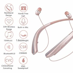 Bluetooth Headphones, Wireless Neckband Headset Retractable with Sweatproof Stereo Earbuds Call Vibrate Alert Earphones with Mic by NVOPERANG (Rose Gold)