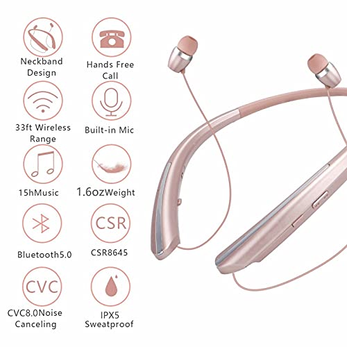 Bluetooth Headphones, Wireless Neckband Headset Retractable with Sweatproof Stereo Earbuds Call Vibrate Alert Earphones with Mic by NVOPERANG (Rose Gold)