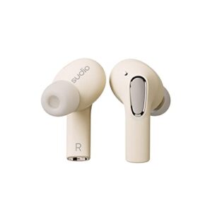 sudio e2 wireless earbuds with bluetooth 5.2, hybrid anc, vivid voice microphone system, spatial sound by dirac virtuo, 30h playtime, quick charge, ipx4 splash proof (sand)