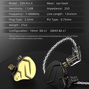 Kinboofi KZ ZSN PRO X in Ear Earphone 1BA 1DD HiFi Bass Earbuds Headphone, Noise Cancelling Headset Metal IEM with Removable C Pin Cable (Black with Microphone)