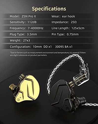 Kinboofi KZ ZSN PRO X in Ear Earphone 1BA 1DD HiFi Bass Earbuds Headphone, Noise Cancelling Headset Metal IEM with Removable C Pin Cable (Black with Microphone)