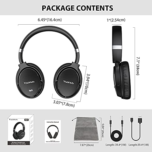 Vsonus H51 Active Noise Cancelling Headphones, Wireless Over Ear Bluetooth Headphones, Heavy Bass, BT 5.0, 30H Playtime, Metal Cover, Comfortable Protein Earpads for Travel Home Office