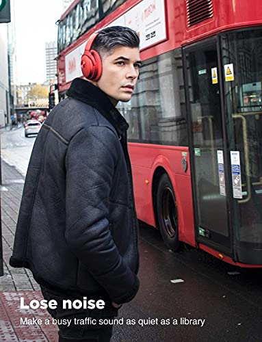 SE7 Dual Feedback Active Noise Cancelling Headphones Bluetooth Headphones Wireless Headphones Over Ear Built-in Microphone Deep Bass, 30 Hours for Travel/Work/TV/Computer/Cellphone -Red