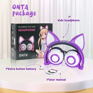 ONTA Kids Headphones with Cute LED Glowing Cat Ears,Foldable, Noise-Canceling and Adjustable Toddlers Headphones for Boys and Girls (Purple)