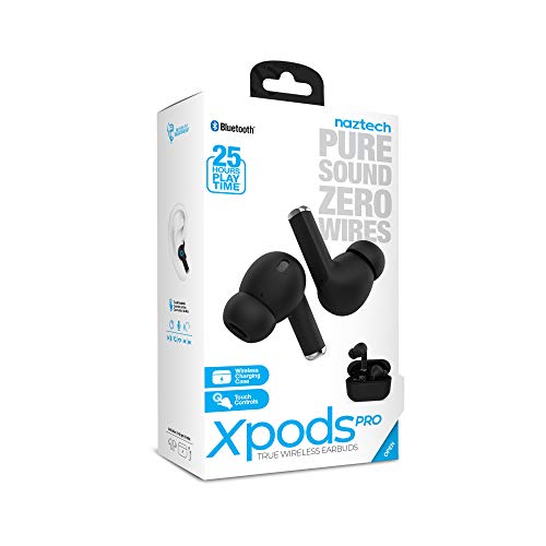 Naztech Xpods PRO True Wireless BT 5.0 Earbuds w/Portable Wireless Charging Case, Noise Cancelling Mic, Comfortable Design for Commute, Home Office, Sports, Jogging (Black)