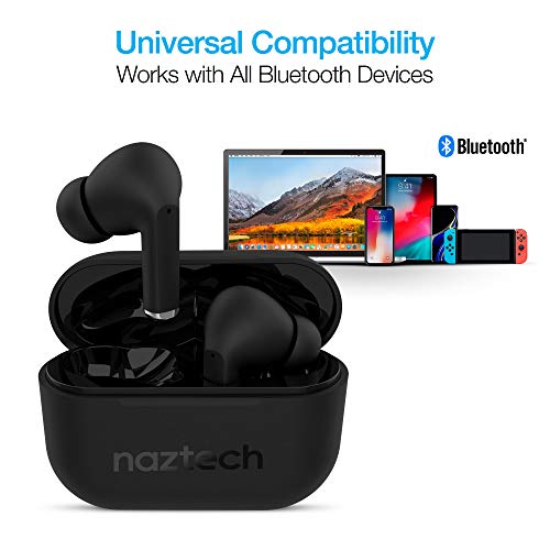 Naztech Xpods PRO True Wireless BT 5.0 Earbuds w/Portable Wireless Charging Case, Noise Cancelling Mic, Comfortable Design for Commute, Home Office, Sports, Jogging (Black)