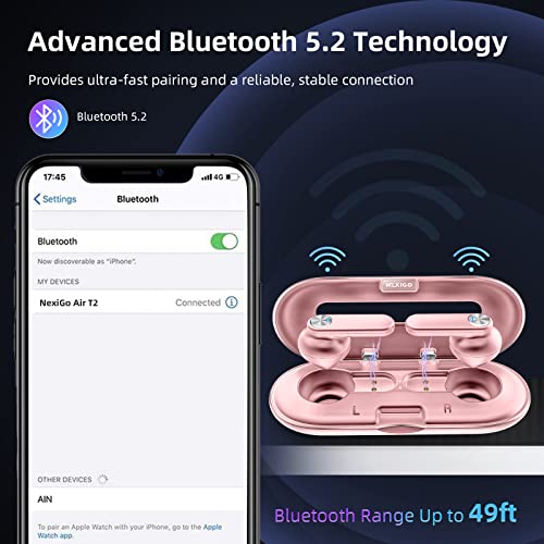 NexiGo Air T2 (Gen 2) Ultra-Thin Wireless Earbuds, Qualcomm QCC3040, Bluetooth 5.2, 4-Mic CVC 8.0 Noise Cancelling for Clear Calls, Volume Control, aptX, 28H Playtime, IPX5, Rose Gold
