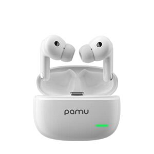 pamu s29 active noise cancelling bluetooth 5.2 wireless earbuds with charging case, waterproof in-ear built-in mic earphone, deep bass for sport running fitness workout office wireless earbuds white