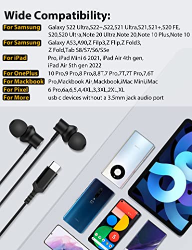 USB C Headphones for Samsung Galaxy S23 S22 S21 S20 Ultra A53 Z Flip4 Note 20 10+, Magnetic Type C Earphones Wired Earbuds with Mic Noise Canceling Stereo Bass for iPad 10 iPad Pro Air Mini Pixel 7 6