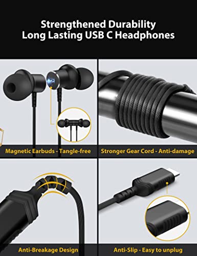 USB C Headphones for Samsung Galaxy S23 S22 S21 S20 Ultra A53 Z Flip4 Note 20 10+, Magnetic Type C Earphones Wired Earbuds with Mic Noise Canceling Stereo Bass for iPad 10 iPad Pro Air Mini Pixel 7 6