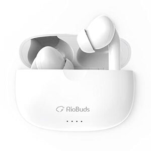 riobuds active noise cancelling wireless earbuds, designed in houston, made in taiwan, transparency mode, in-ear detection headphones, bluetooth 5.2, all-day battery life, touch control, headset