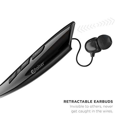 phaiser Bluetooth Headphones, Retractable Neckband Earbuds with Microphone, Wireless Sweatproof Inear Earphones, Portable Cordless Stereo Headset, Black