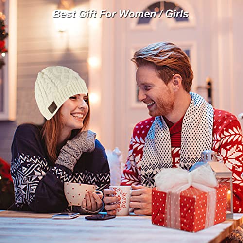 Bluetooth Beanie Hat Unisex Beanie Headset Women Men Boys Girls Gifts Music Hat V5.0 Wireless Headphone Handsfree Earphone with Stereo Speaker Microphone Outdoor Sport Winter Hat Knit Cap (White)