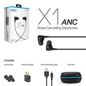 Naztech X1 ANC Active Noise Cancel Earphones In-Ear Comfort & Mic + Travel Case & Airline Adapter Compatible For iPhone, Samsung +More - Black [14509]