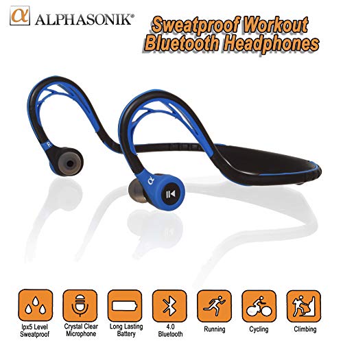 Alphasonik ASE300BT Bluetooth Headphones, V4.0 Wireless Sport Headphones, Sweatproof Running Headset with Built in Mic for Workout Exercise IPX5 SplashProof, Ergonomically Designed for Extra Comfort