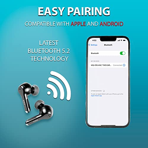 MQES Active Noise Cancelling Wireless Earbuds,in-Ear Headphones Bluetooth 5.2, Built-in 4mics Earphones,Touch Control, ANC and ENC, IPX5 Waterproof, 30H Playtime, for iPhone & Android