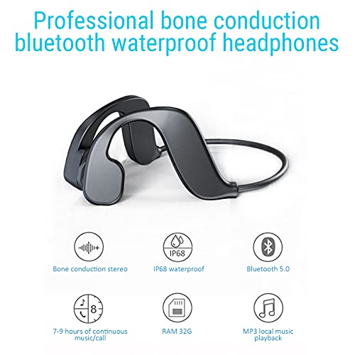 IKXO Bone Conduction Headphones Swimming Waterproof IP68 Wireless Bluetooth Sports Over Open Ear Lightweight Fitness Running Noise Cancelling Sweat Proof no Earplugs for MP3 Player (Black)
