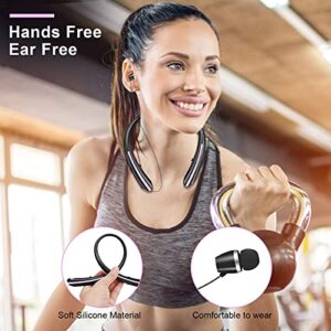 Bluetooth Headphones Retractable, Wireless Neckband Headset with Sweatproof Stereo Earbuds CVC 8.0 Noise Cancelling Call Vibrate Alert Earphones (Pink)