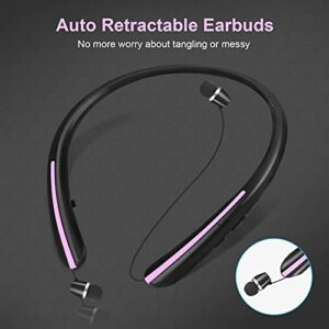 Bluetooth Headphones Retractable, Wireless Neckband Headset with Sweatproof Stereo Earbuds CVC 8.0 Noise Cancelling Call Vibrate Alert Earphones (Pink)