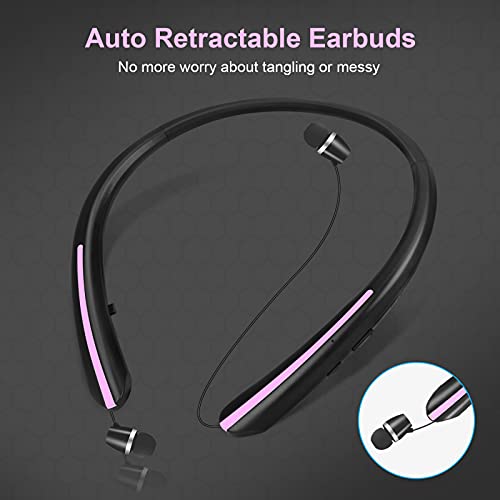 Bluetooth Headphones Retractable, Wireless Neckband Headset with Sweatproof Stereo Earbuds CVC 8.0 Noise Cancelling Call Vibrate Alert Earphones (Pink)