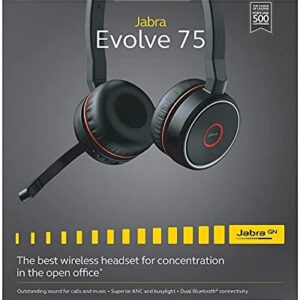 Jabra Evolve 75 Stereo Wireless Bluetooth Headset - with World-Class Speakers, Active Noise-Cancelling Microphone and All Day Battery, UC Optimized (Renewed)