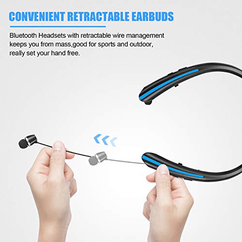 Bluetooth Headphones, Wireless Earbuds Retractable Neckband Headset Stereo Sweat-Proof Sports Earphones with Mic Fits iPhone 12/11/X/8, Android and Other Bluetooth Enabled Devices (Black Blue)