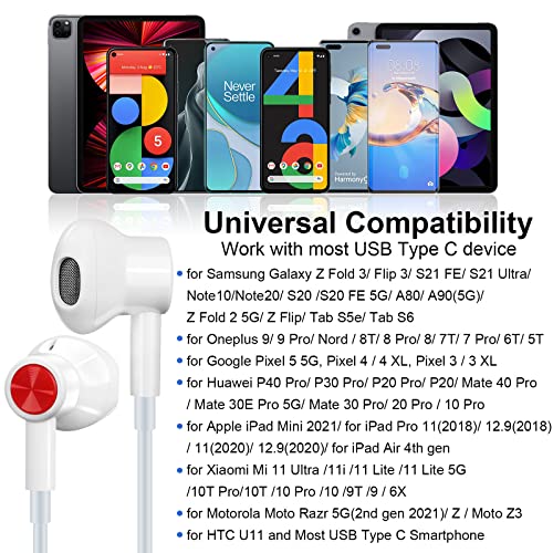 Jelanry USB C Headphone with Microphone, USB Type C Earbuds Magnetic Wired Earphone Volume Control for iPad 10 Mini Air Samsung Z Fold 4 Flip 3 Galaxy S22 S21 S20 Pixel 7 Pro OnePlus 10 9 Pro, White