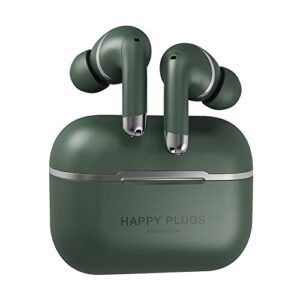 happy plugs air 1 anc – premium quality true wireless bluetooth earbuds – charging case & built-in microphones – excellent active noise cancelling – 38 hours battery life – green