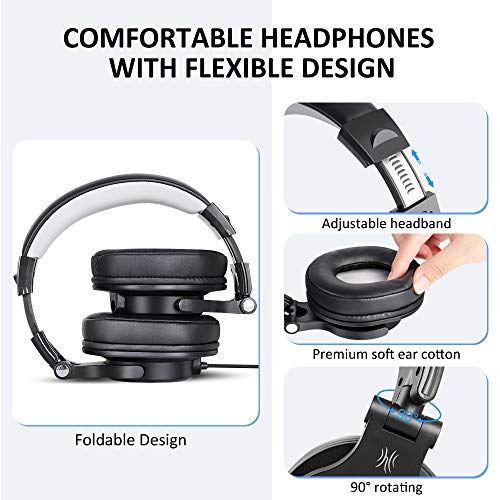 OneOdio A71 Portable Foldable Gaming Wired Over Ear Headphones with Stereo Sound and 360 Degree Boom Mic for PCs and Electronic Instruments, Black