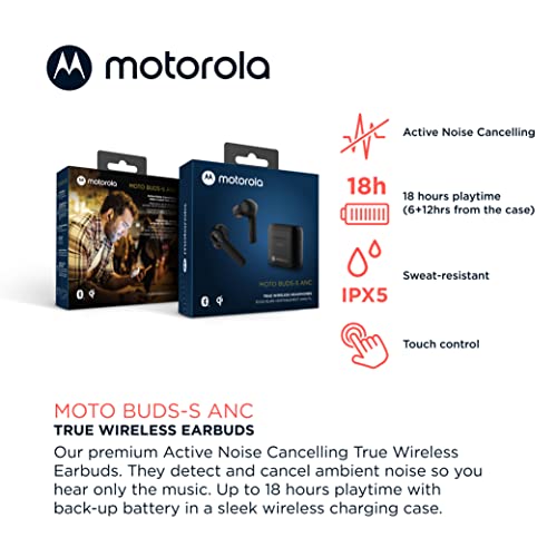 Motorola Moto Buds-S ANC - True Wireless Bluetooth Earbuds with Microphone and Active Noise Cancellation, IPX5 Water Resistant, Touch Control, Comfort Fit, Includes Micro Charging Case, Black