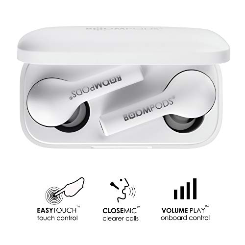 BoomPods Bassline True Wireless Earbuds - Bluetooth in-Ear Headphones, Water/Sweat Resistant, Compact Travel Charging Case, Instant Connection, TWS (White)