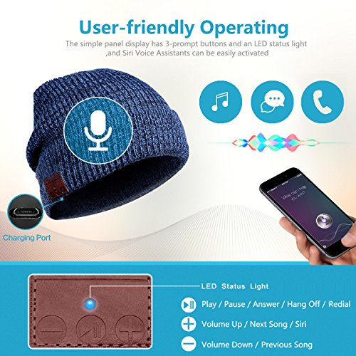 Bluetooth Beanie Hat Headphones Headset, Wireless Connection Siri Voice Control Built-in HD Stereo Speakers & Microphone, Knit Cap for Running, Outdoor Sports, Women Men (Blue)