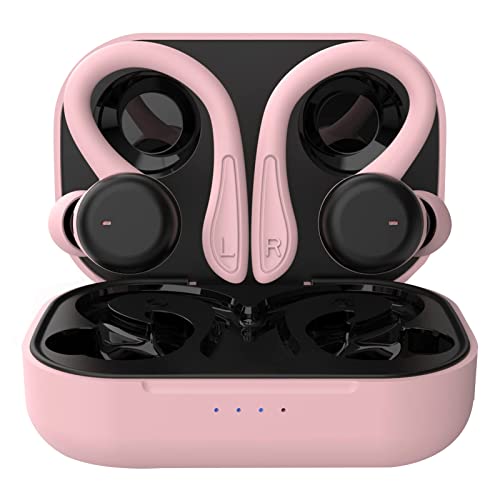 Pink Wireless Earbuds with Earhooks Running Ear Buds Bluetooth Workout Headphones in Ear Noise Cancellling Adjustable Small Mini Sleep Earphones with Mic Stereo Waterproof Android Headset for Sport