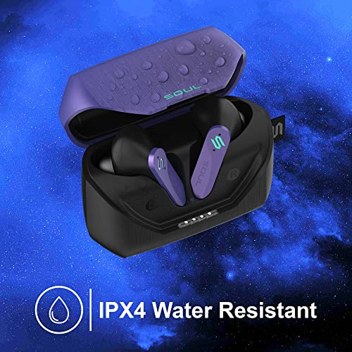 New Soul S-Play Bluetooth Wireless Earbuds | 40ms Low Latency, Gaming and Entertainment in Ear Headphones with Microphone | Water Resistant, Wireless Charging Case, 28 Hours of Playtime | Psi Purple