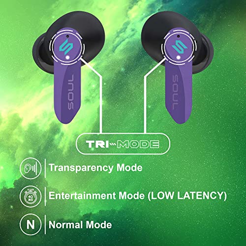 New Soul S-Play Bluetooth Wireless Earbuds | 40ms Low Latency, Gaming and Entertainment in Ear Headphones with Microphone | Water Resistant, Wireless Charging Case, 28 Hours of Playtime | Psi Purple