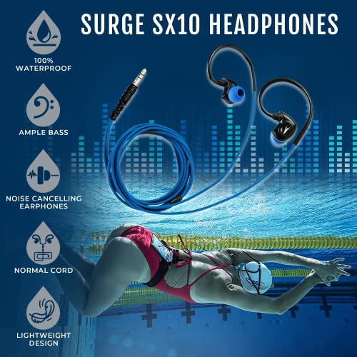 H2O AUDIO Surge SX10 Headphones, Waterproof IPX8, Normal Cord, in-Ear Stereo Earbuds Noise Cancelling Earphones for Swimming, Running and Sporting Activities