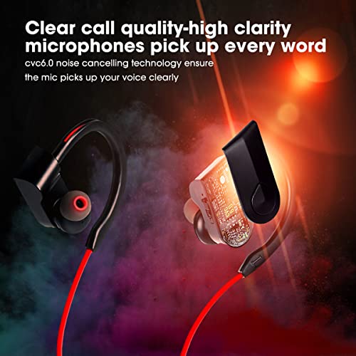 Bluetooth Headphones,HD Deep Bass Stereo Sports Earphones, in-Ear Earbuds,Up to 8 Hours Playtime,Super Light-Weight Design for Workout and Sports, CVC 6.0 Noise Cancelling Headsets(Black Red) (k98)