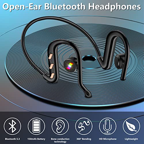 Bone Conduction Bluetooth Headphones, Wireless Open-Ear Headphones with Microphone Colorful Lights, Sports Headset Lightweight Sweatproof Noise-Canceling Earphones for Outdoor, Running, Driving-Black