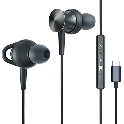 USB C Headphones Ecoker Hi-Fi Immersive Bass Sound Metal Earphones Type C Earbuds with MEMS Microphone for Samsung Galaxy S21/Ultra/S20/Note10, Google Pixel 5/4/3/2 - Black(Updated Version)