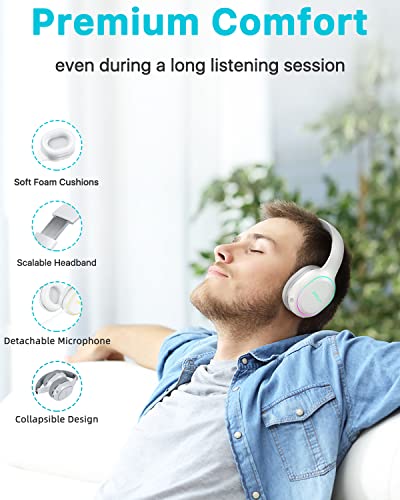 Jassco Wireless Headphones, Noise Cancelling Over-Ear Bluetooth Headphone with Microphone, 54H Playtime, HiFi Stereo, Deep Bass Foldable Wireless Headset with Soft Earmuffs for Travel/Work- White