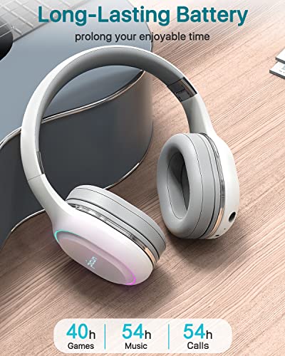 Jassco Wireless Headphones, Noise Cancelling Over-Ear Bluetooth Headphone with Microphone, 54H Playtime, HiFi Stereo, Deep Bass Foldable Wireless Headset with Soft Earmuffs for Travel/Work- White