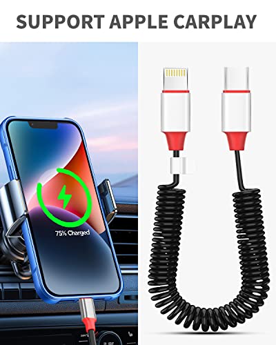 AICase Coiled USB-C to Lightning Cable for Apple CarPlay,Expansion Spring Coiled Cable,PD Type C Scalable Charging Cable for iPhone 14/13/13 Pro 12 Pro Max 12 11 X XS XR 8 Plus,AirPods Pro