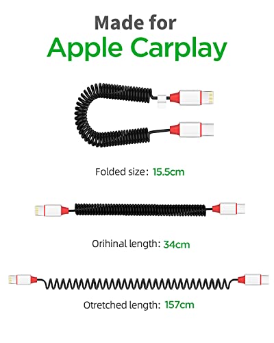 AICase Coiled USB-C to Lightning Cable for Apple CarPlay,Expansion Spring Coiled Cable,PD Type C Scalable Charging Cable for iPhone 14/13/13 Pro 12 Pro Max 12 11 X XS XR 8 Plus,AirPods Pro