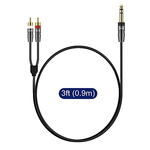J&D 6.35mm TRS to Dual RCA Audio Cable, Copper Shell Heavy Duty 6.35mm 1/4 inch Male TRS to 2 RCA Male Stereo Audio Y Splitter Cable, 3 Feet