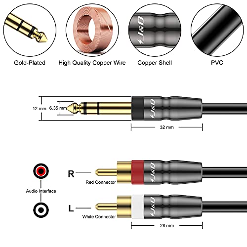 J&D 6.35mm TRS to Dual RCA Audio Cable, Copper Shell Heavy Duty 6.35mm 1/4 inch Male TRS to 2 RCA Male Stereo Audio Y Splitter Cable, 3 Feet